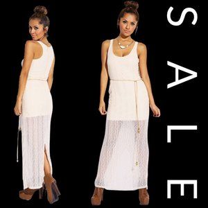 Sunday Brunch Blush Beige Sheer Lace Slit Maxi